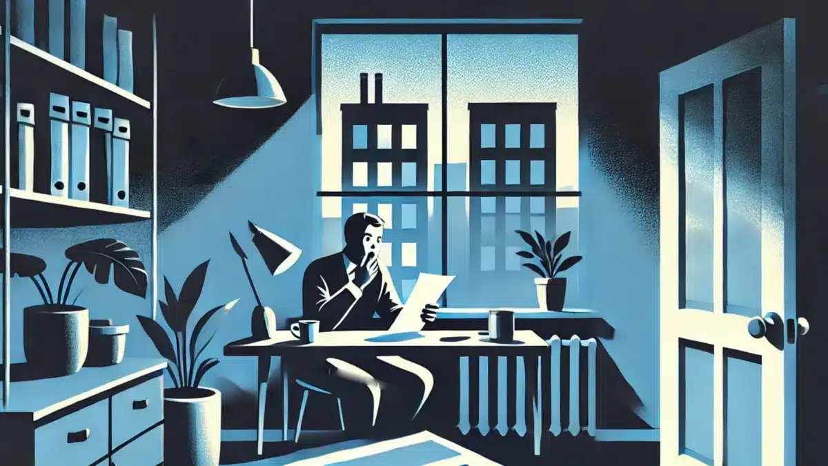 illustration showing a person sitting at a desk with a surprised expression while reviewing a bill or rental agreement.