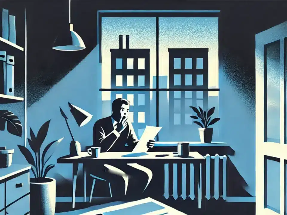 illustration showing a person sitting at a desk with a surprised expression while reviewing a bill or rental agreement.