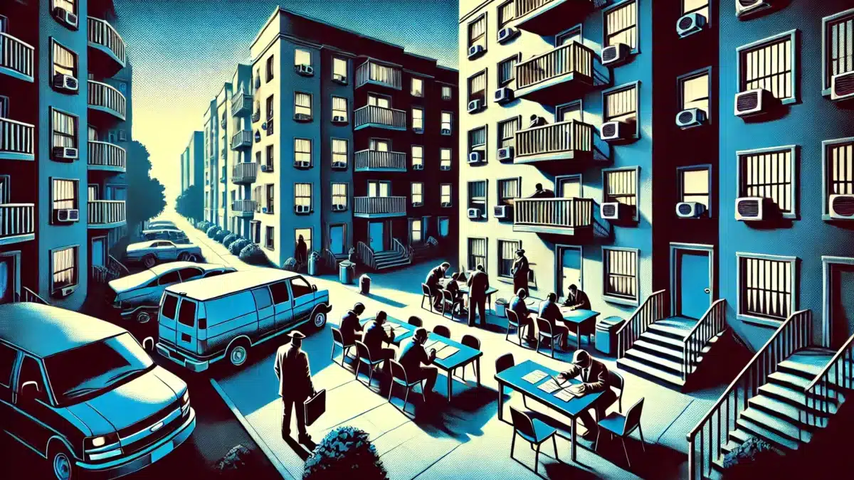 A courtyard between apartment buildings with people sitting at tables, reviewing documents under the watchful eyes of bystanders, creating an atmosphere of caution and suspicion.