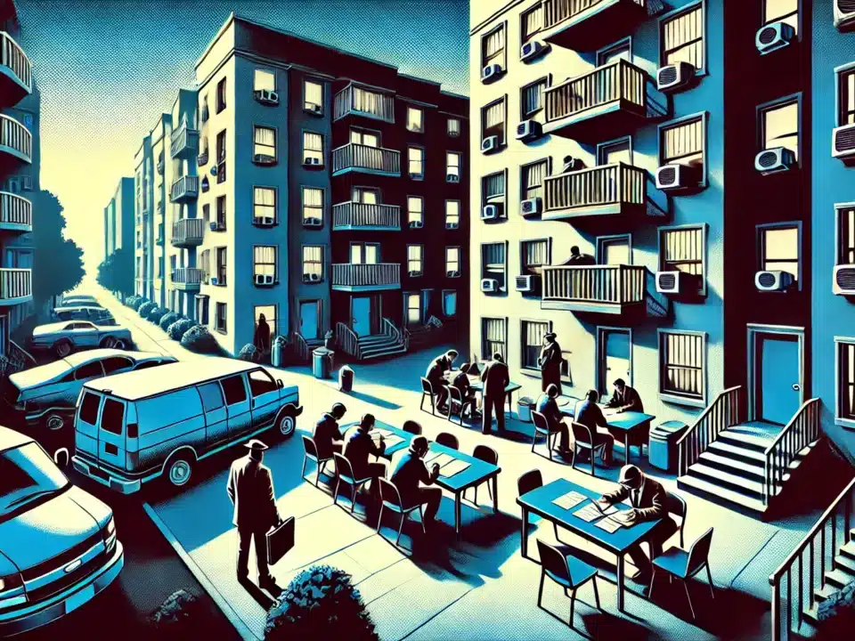 A courtyard between apartment buildings with people sitting at tables, reviewing documents under the watchful eyes of bystanders, creating an atmosphere of caution and suspicion.