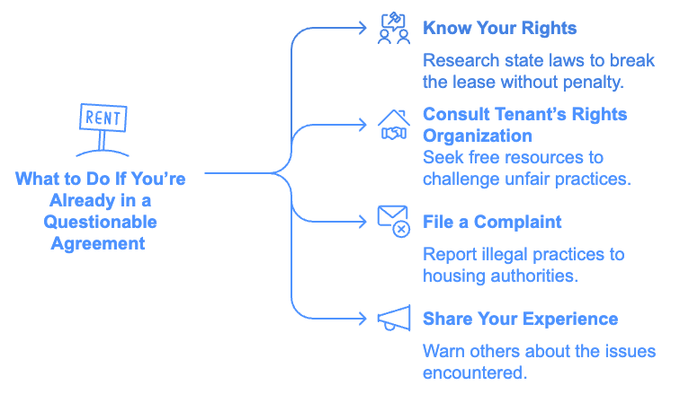 What to Do If You’re Already in a Questionable Agreement?

1. Know Your Rights for Breaking a Lease If your lease contains predatory or illegal clauses, research state laws on breaking a lease without penalty. Some states allow tenants to break leases for health, safety, or privacy violations. 2. Consult a Tenant’s Rights Organization Many non-profits and community organizations offer free resources to help tenants challenge unfair rental practices. Contact them if you feel trapped in a problematic lease. 3. File a Complaint with a Housing Authority If you suspect the landlord’s practices are illegal, file a complaint with your state’s housing authority or consumer protection agency. This can help hold landlords accountable. 4. Share Your Experience Warning others about your experience on websites like the Better Business Bureau (BBB), Ripoff Report, or Section 8 Shield’s scam alert page can help others avoid the same problems.
