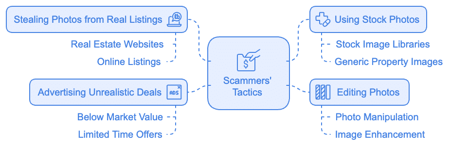 How Scammers Use Fake Property Photos

1. Stealing Photos from Real Listings 

2. Using Stock Photos

3. Editing Photos

4. Advertising Unrealistic Deals