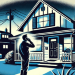 Man standing in front of a house, talking on the phone, possibly reacting to a scam call about free rent through the Housing Choice Voucher program