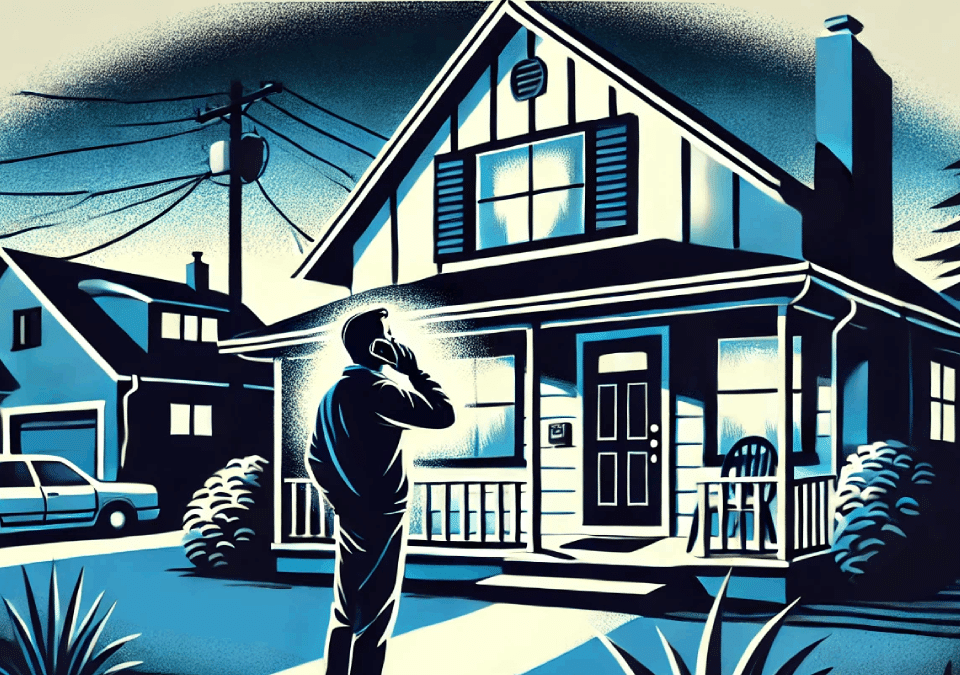 Man standing in front of a house, talking on the phone, possibly reacting to a scam call about free rent through the Housing Choice Voucher program