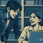 A stylized retro illustration in dark blue, light blue, and white tones, with a vintage poster aesthetic. The scene shows a young man leaning over a white desk, smiling and talking to a young woman who is seated behind a laptop. They are gazing at each other warmly, suggesting collaboration or affection. The setting is a modern, well-lit room with wooden shelves, plants, and tidy office supplies. The lighting casts soft shadows, and the composition is wide and balanced, highlighting both characters and the cozy, professional environment. Created using: bold outlines, high contrast, geometric shading, vintage poster aesthetics, limited color palette, cinematic composition, soft gradients, and subtle texture.
