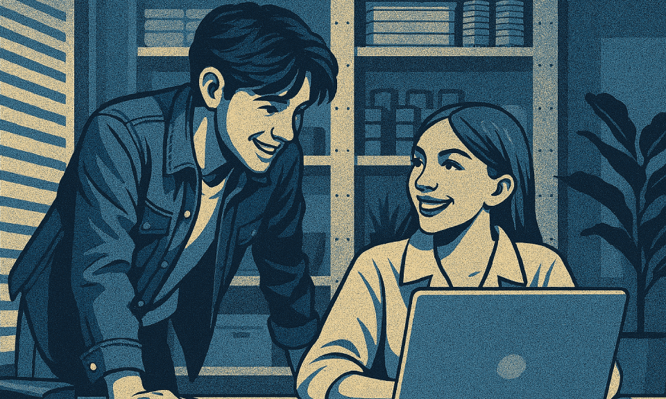 A stylized retro illustration in dark blue, light blue, and white tones, with a vintage poster aesthetic. The scene shows a young man leaning over a white desk, smiling and talking to a young woman who is seated behind a laptop. They are gazing at each other warmly, suggesting collaboration or affection. The setting is a modern, well-lit room with wooden shelves, plants, and tidy office supplies. The lighting casts soft shadows, and the composition is wide and balanced, highlighting both characters and the cozy, professional environment. Created using: bold outlines, high contrast, geometric shading, vintage poster aesthetics, limited color palette, cinematic composition, soft gradients, and subtle texture.