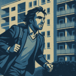 Man running toward an apartment building, symbolizing urgency—common in scam tactics targeting Section 8 applicants.