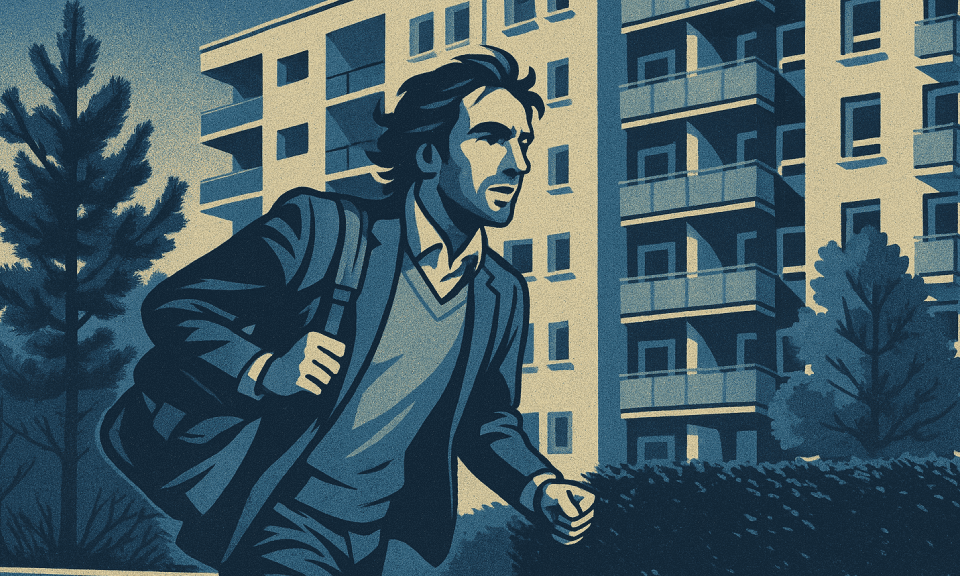 Man running toward an apartment building, symbolizing urgency—common in scam tactics targeting Section 8 applicants.
